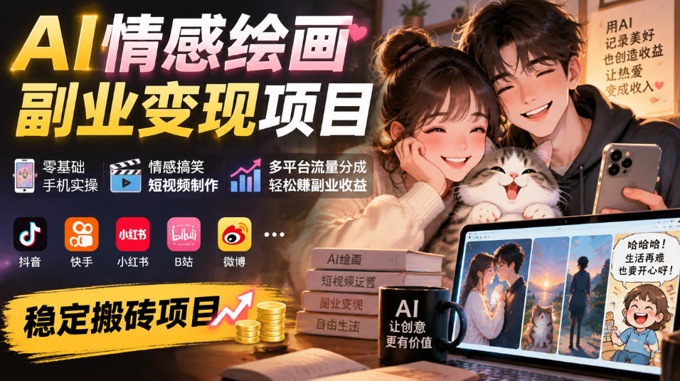 AI情感绘画副业变现项目|零基础手机实操,情感搞笑短视频制作,多平台流量分成轻松賺副业收益-皮皮网创