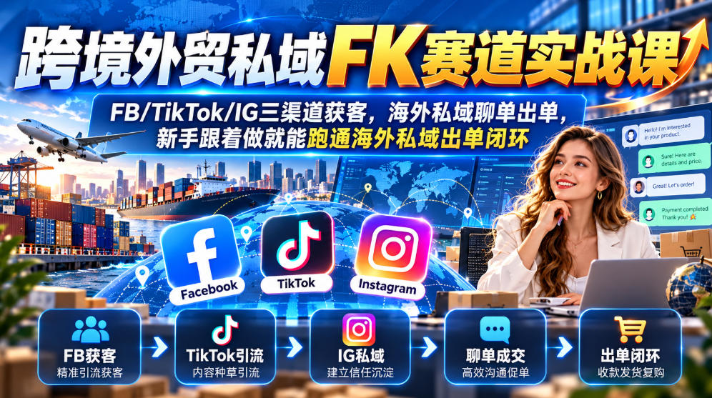 跨境外贸私域FK赛道实战课|FB/TikTok/IG三渠道获客,海外私域聊单出单,新手跟着做就能跑通海外私域出单闭环-皮皮网创