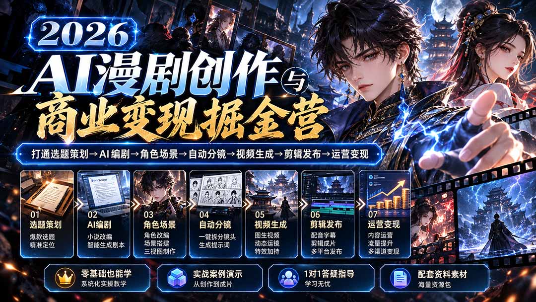 【无水印】2026AI漫剧创作与商业变现掘金营:打通选题→AI编剧→角色场景→自动分镜→视频生成→剪辑发布→运营变现-皮皮网创