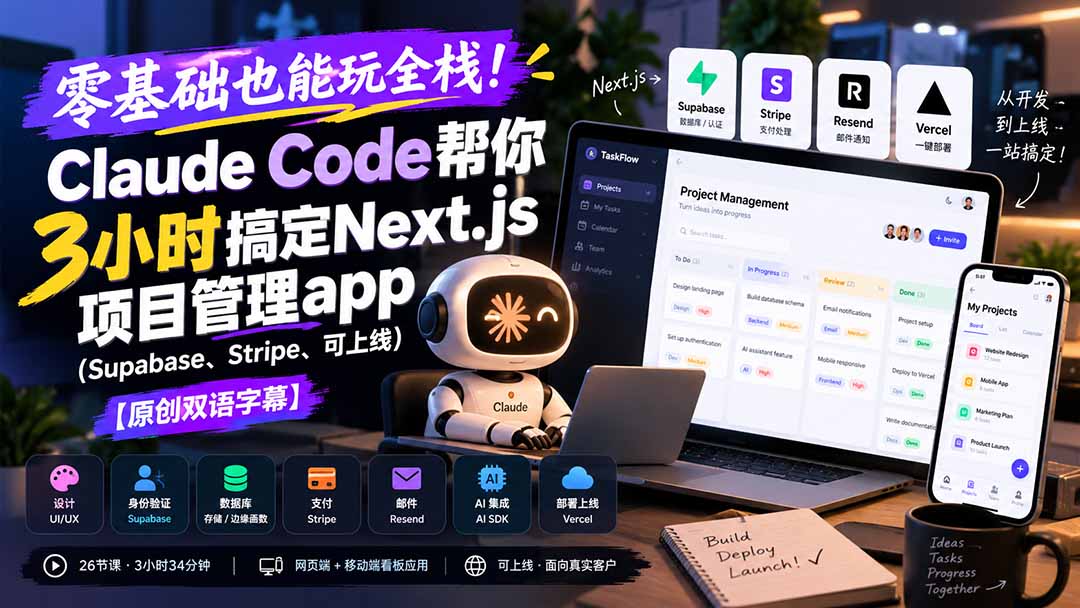 零基础也能玩全栈!Claude Code帮你3小时搞定Next.js项目管理app(Supabase、Stripe、可上线-皮皮网创