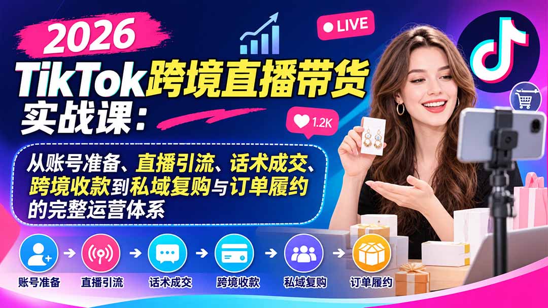 2026TikTok跨境直播带货实战课：从账号准备、直播引流、话术成交、跨境收款到私域复购与订单履约的完整运营体系-皮皮网创