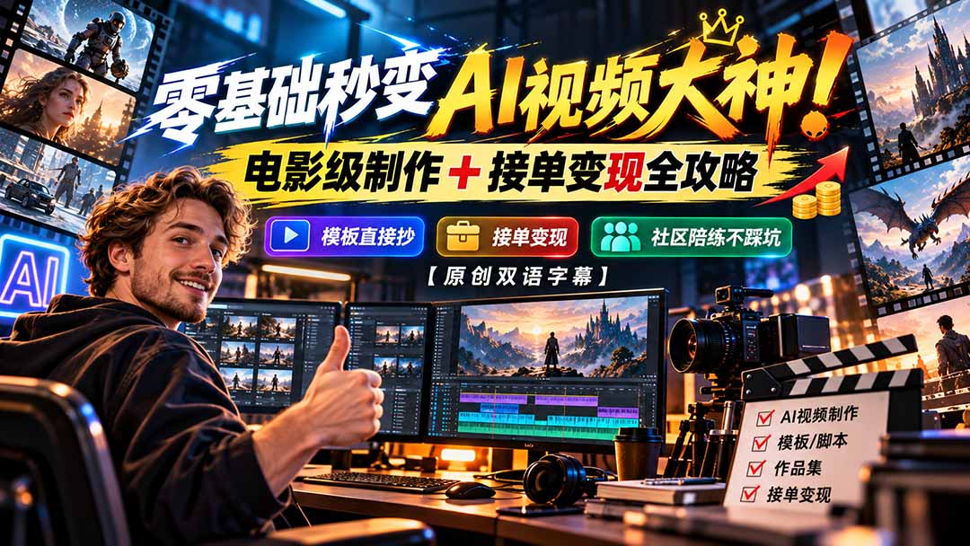 零基础秒变AI视频大神!电影级制作 + 接单变现全攻略,模板直接抄,社区陪练不踩坑【原创双语字幕】-皮皮网创