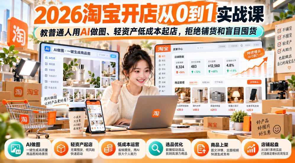 2026淘宝开店从0到1实战课，教普通人用AI做图、轻资产低成本起店，拒绝铺货和盲目囤货-皮皮网创