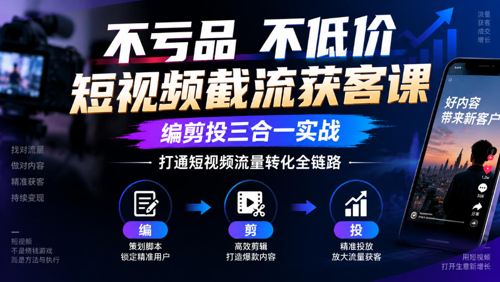 不亏品不低价短视频截流获客课，编剪投三合一实战，打通短视频流量转化全链路-皮皮网创