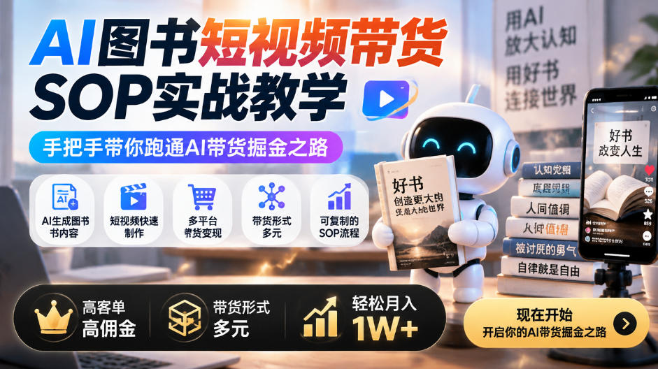 AI图书短视频带货SOP实战教学,手把手带你跑通AI带货掘金之路,高客单高佣金,带货形式多元,轻松月入1W+-皮皮网创