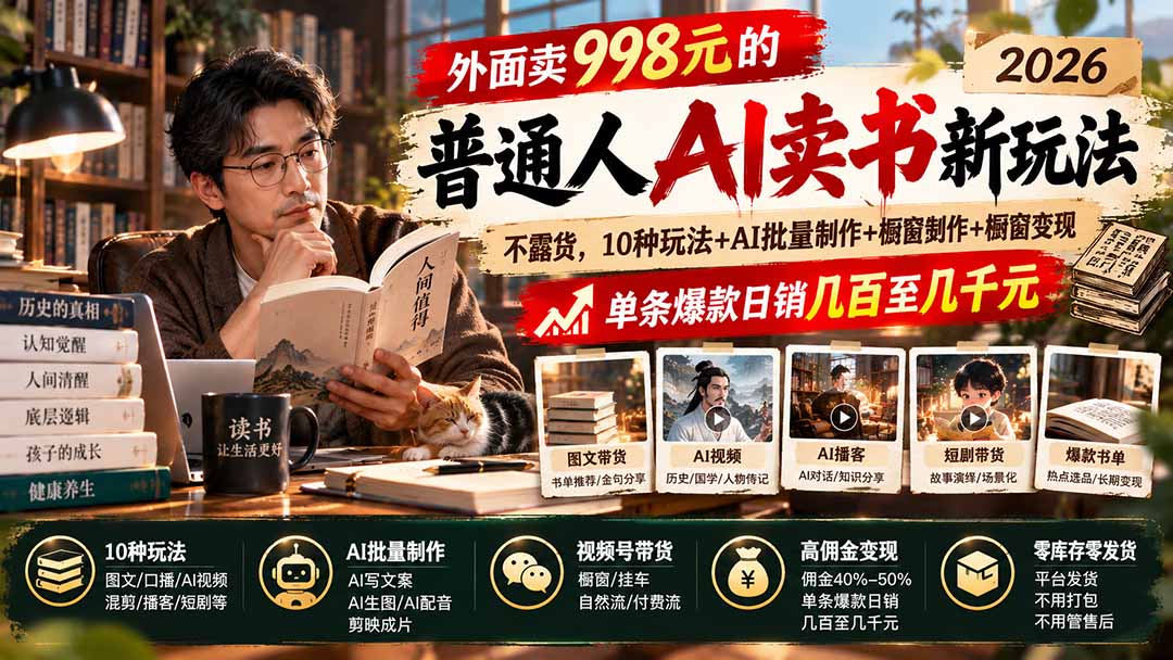 外面卖998元的2026普通人AI卖书新玩法:不露脸、不囤货,10种玩法+AI批量制作+橱窗变现,单条爆款日销几百至几千元-皮皮网创