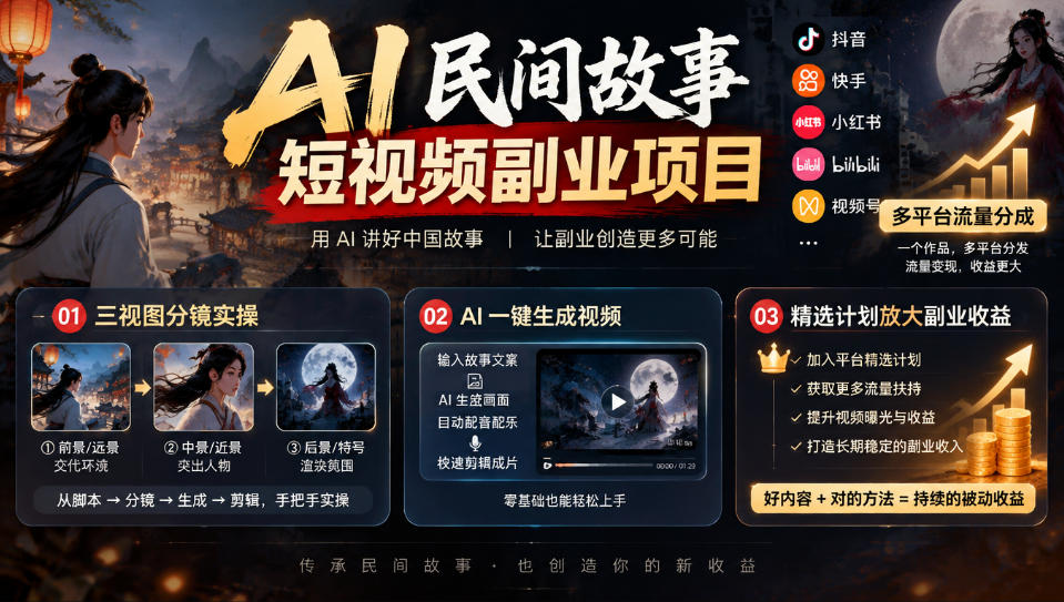 AI民间故事短视频副业项目,多平台流量分成,三视图分镜实操,精选计划放大副业收益-皮皮网创