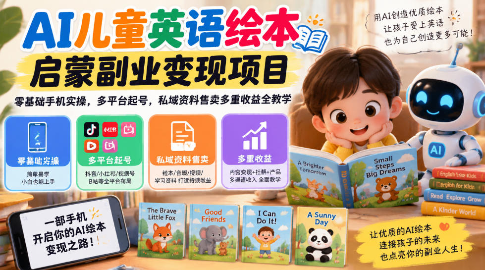 AI儿童英语绘本启蒙副业变现项目,零基础手机实操,多平台起号,私域资料售卖多重收益全教学-皮皮网创