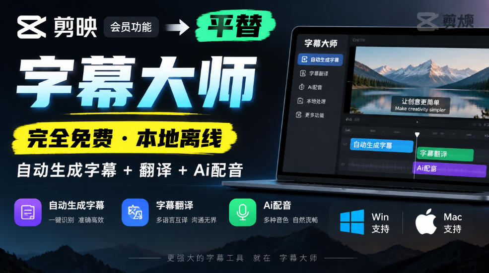 剪映会员功能平替,字幕大师完全免费本地离线,支持自动生成字幕+翻译+Ai配音,Win和Mac都支持!-皮皮网创