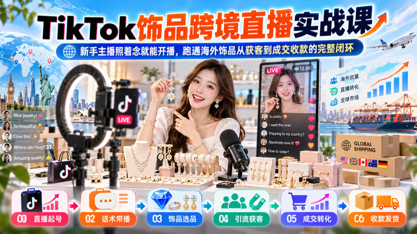 TikTok饰品跨境直播实战课，新手主播照着念就能开播，跑通海外饰品从获客到成交收款的完整闭环-皮皮网创