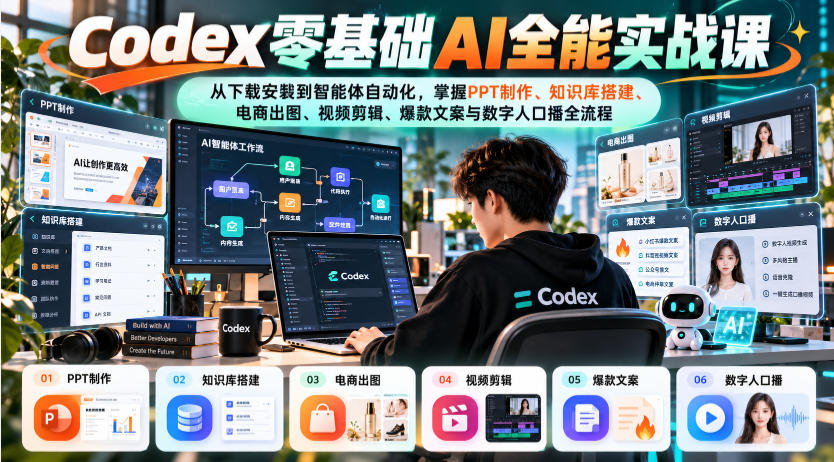 Codex零基础AI全能实战课：从下载安装到智能体自动化，掌握知识库搭建、电商出图、视频剪辑、爆款文案与数字人口播全流程-皮皮网创