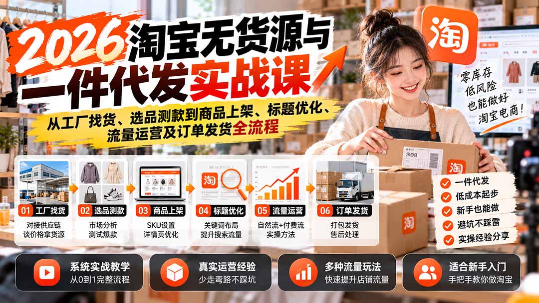 2026淘宝无货源与一件代发实战课:从工厂找货、选品测款到商品上架、标题优化、流量运营及订单发货全流程-皮皮网创