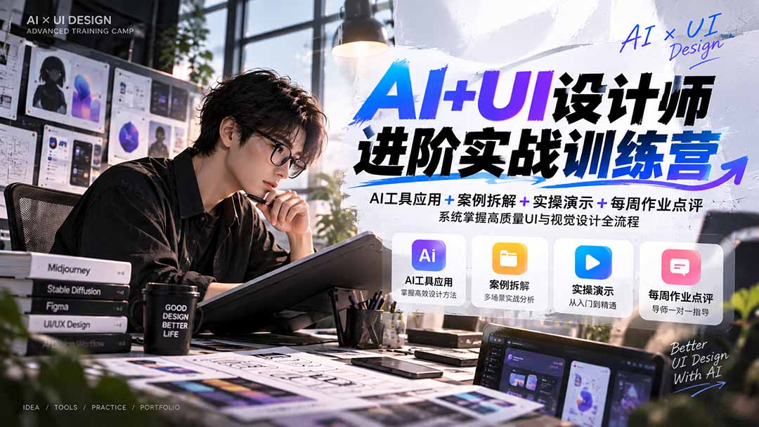 【无水印】AI+UI设计师进阶训练营-第4期:AI工具应用+案例拆解+实操演示+作业点评,掌握高质量UI与视觉设计全流程-皮皮网创
