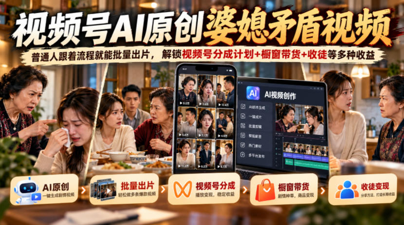 视频号ai原创婆媳矛盾视频，普通人跟着流程就能批量出片，解锁视频号分成计划+橱窗带货+收徒等多种收益-皮皮网创
