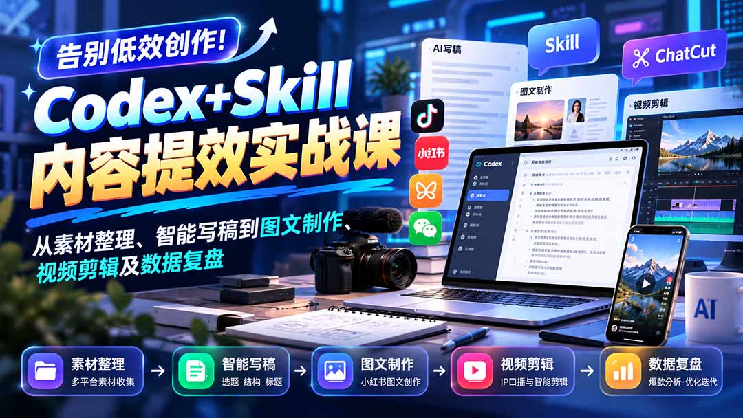 【无水印】告别低效创作！Codex+Skill内容提效实战课：从素材整理、智能写稿到图文制作、视频剪辑及数据复盘-皮皮网创