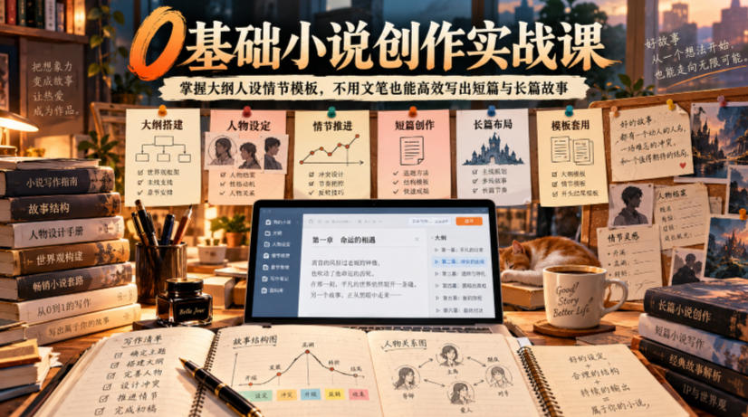 0基础小说创作实战课｜掌握大纲人设情节模板，不用文笔也能高效写出短篇与长篇故事-皮皮网创