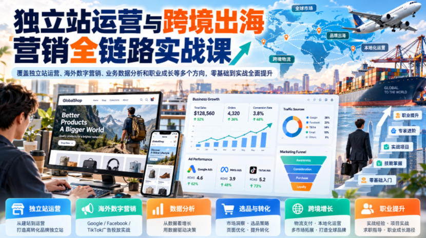 独立站运营与跨境出海营销全链路实战课，覆盖独立站运营、海外数字营销、业务数据分析和职业成长等多个方向，零基础到实战全面提升-皮皮网创
