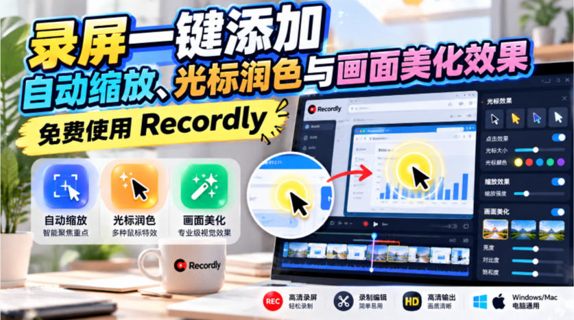 录屏一键添加自动缩放、光标润色与画面美化效果，免费使用Recordly-皮皮网创