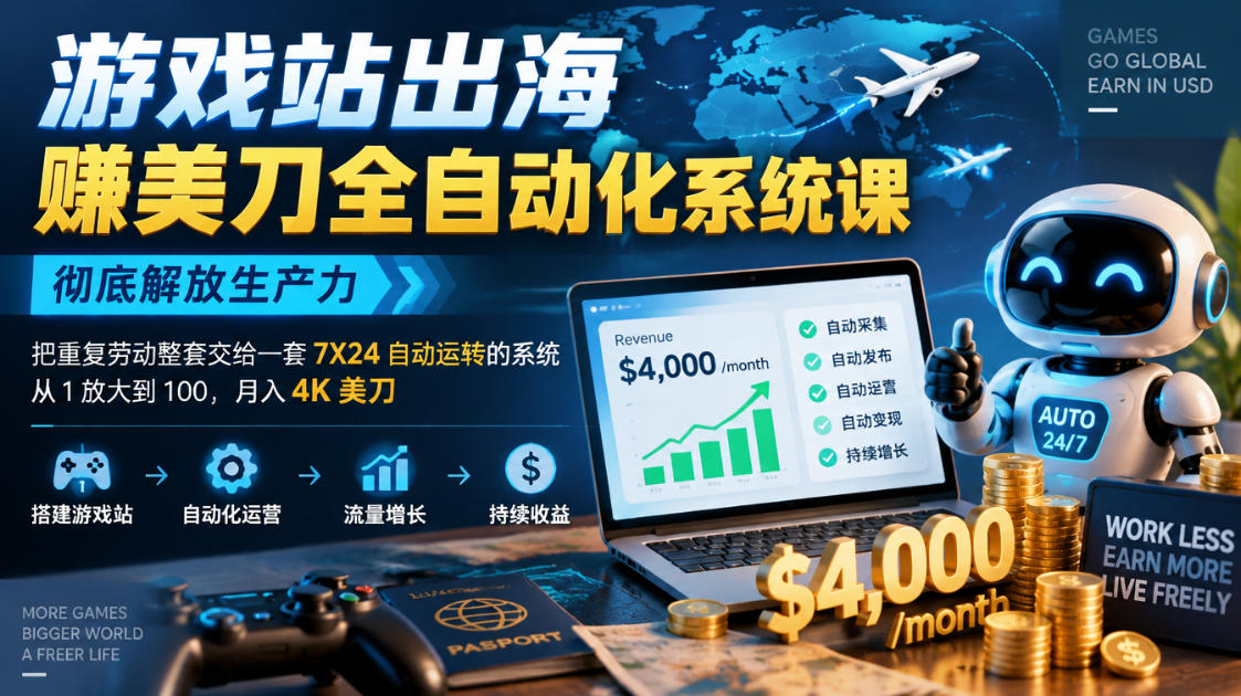 游戏站出海賺美刀全自动化系统课,彻底解放生产力--把重复劳动整套交给一套7X24自动运转的系统,从1放大到100,月入4K美刀-皮皮网创