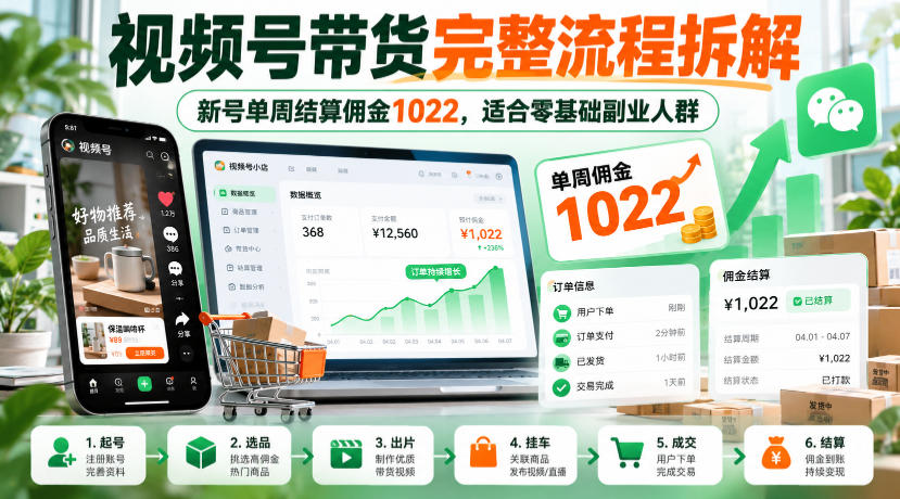 视频号带货完整流程拆解,新号单周结算佣金1022,适合零基础副业人群-皮皮网创
