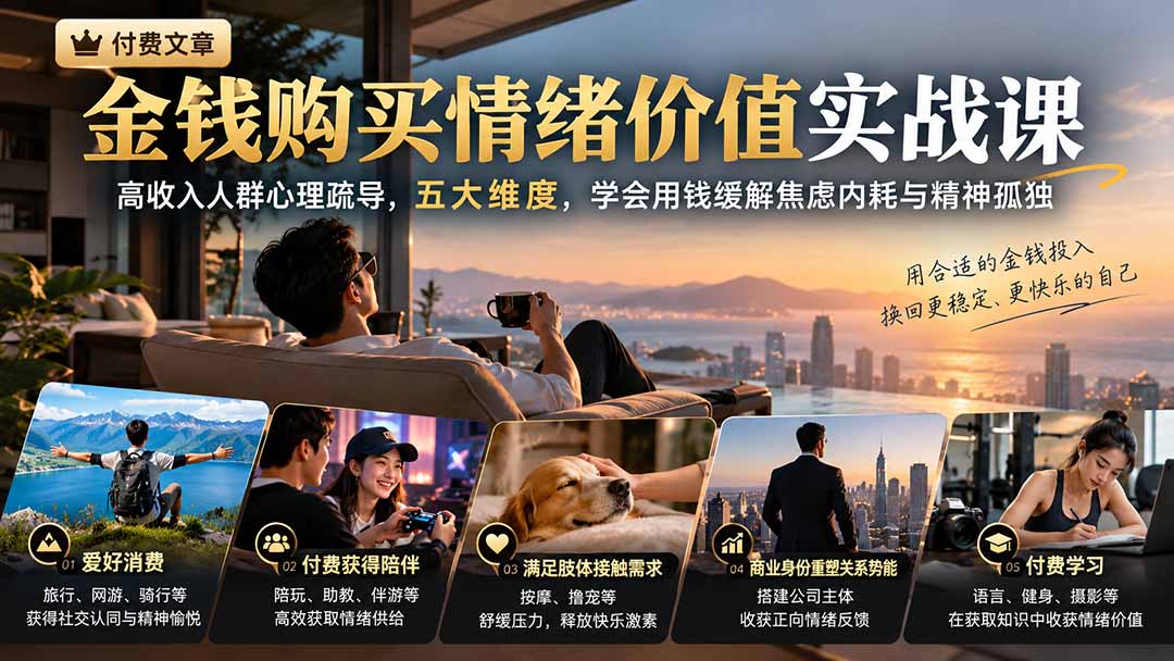 付费文章:金钱购买情绪价值实战课|高收入人群心理疏导,五大维度,学会用钱缓解焦虑内耗与精神孤独-皮皮网创