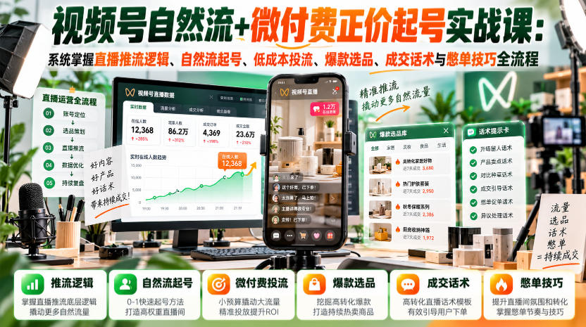 视频号自然流+微付费正价起号实战课:系统掌握直播推流逻辑、自然流起号、低成本投流、爆款选品、成交话术与憋单技巧全流程-皮皮网创