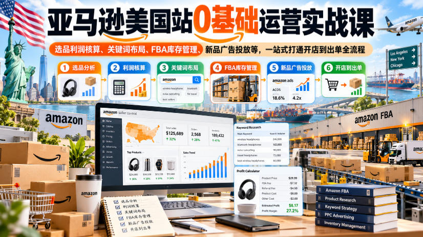 亚马逊美国站0基础运营实战课|选品利润核算、关键词布局、FBA库存管理、新品广告投放等,一站式打通开店到出单全流程-皮皮网创