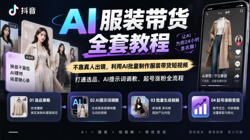 抖音AI服装带货全套教程，不靠真人出镜，利用AI批量制作服装带货短视频，打通选品、AI提示词调教、起号涨粉全流程-皮皮网创