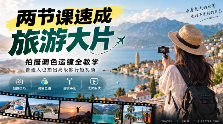 两节课速成旅游大片｜拍摄调色运镜全教学，普通人也拍出高级旅行短视频-皮皮网创
