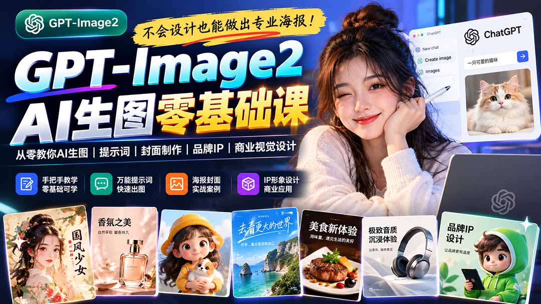 不会设计也能做出专业海报!GPT-Image2从零教你AI生图、提示词、封面制作、品牌IP与商业视觉设计-皮皮网创