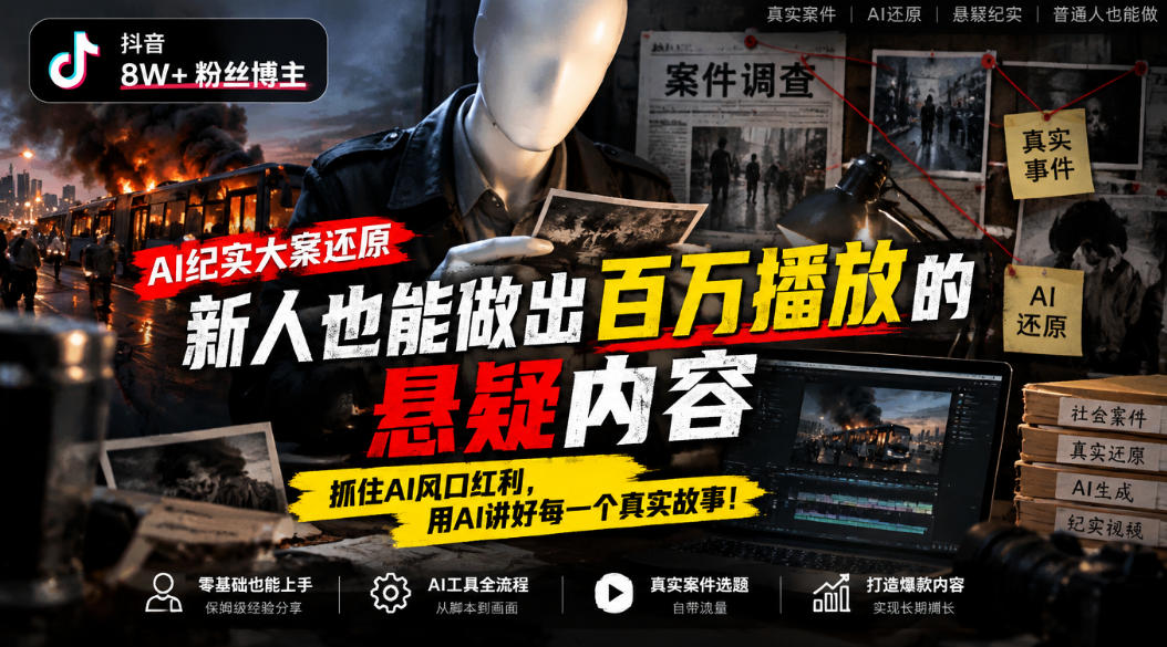 抖音8W粉丝博主的AI纪实大案还原教学，新人也能做出百W播放的悬疑内容，抓住AI风口红利，用AI讲好每一个真实故事(更新1014)-皮皮网创