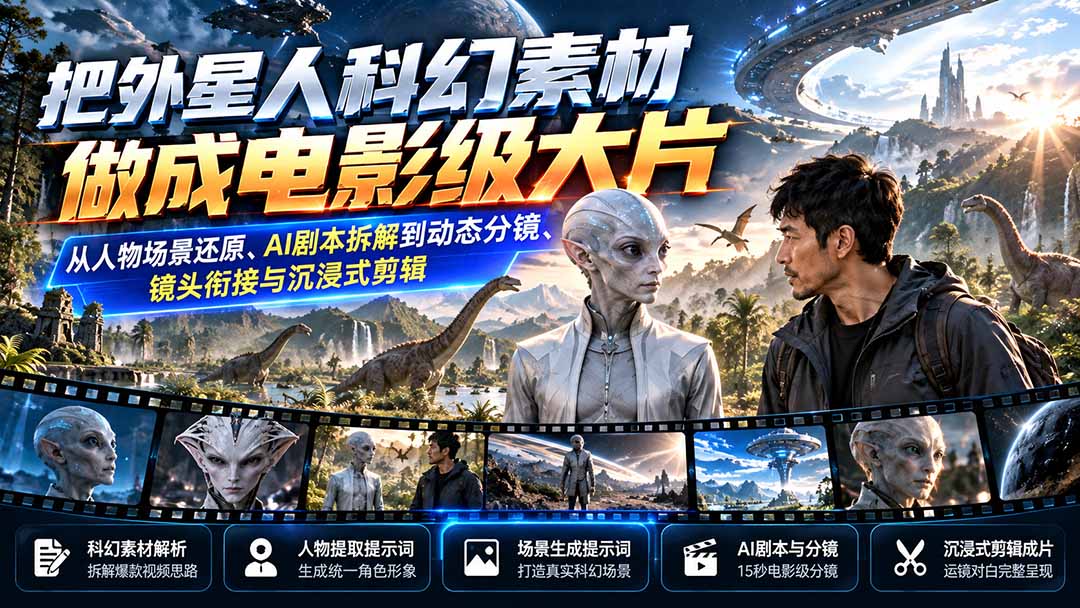 把外星人科幻素材做成电影级大片：从人物场景还原、AI剧本拆解到动态分镜、镜头衔接与沉浸式剪辑-皮皮网创