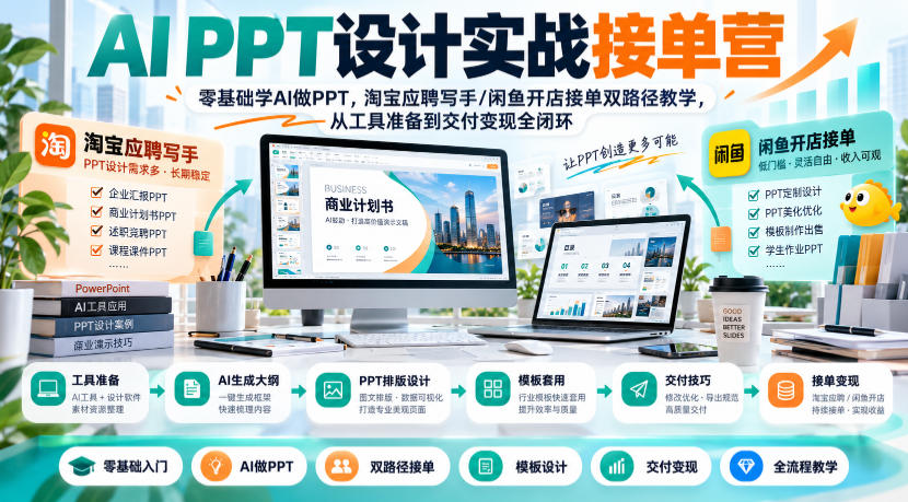 AI PPT设计实战接单营|零基础学AI做PPT,淘宝应聘写手/闲鱼开店接单双路径教学,从工具准备到交付变现全闭环-皮皮网创