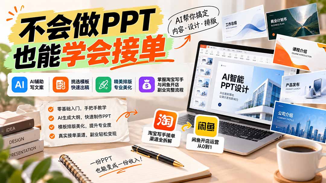 不会做PPT也能学会接单:AI辅助写文案、挑模板、做排版,掌握淘宝写手与闲鱼开店副业完整流程-皮皮网创