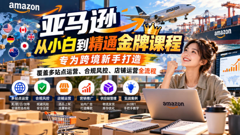亚马逊从小白到精通金牌课程，专为跨境新手打造，覆盖多站点运营、合规风控、店铺运营全流程-皮皮网创