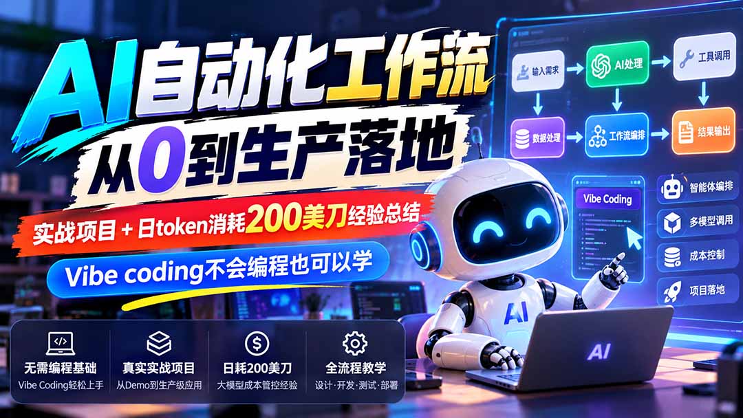【无水印】AI自动化工作流从0到生产落地，实战项目+日token消耗200美刀经验总结，Vibe coding不会编程也可以学-皮皮网创
