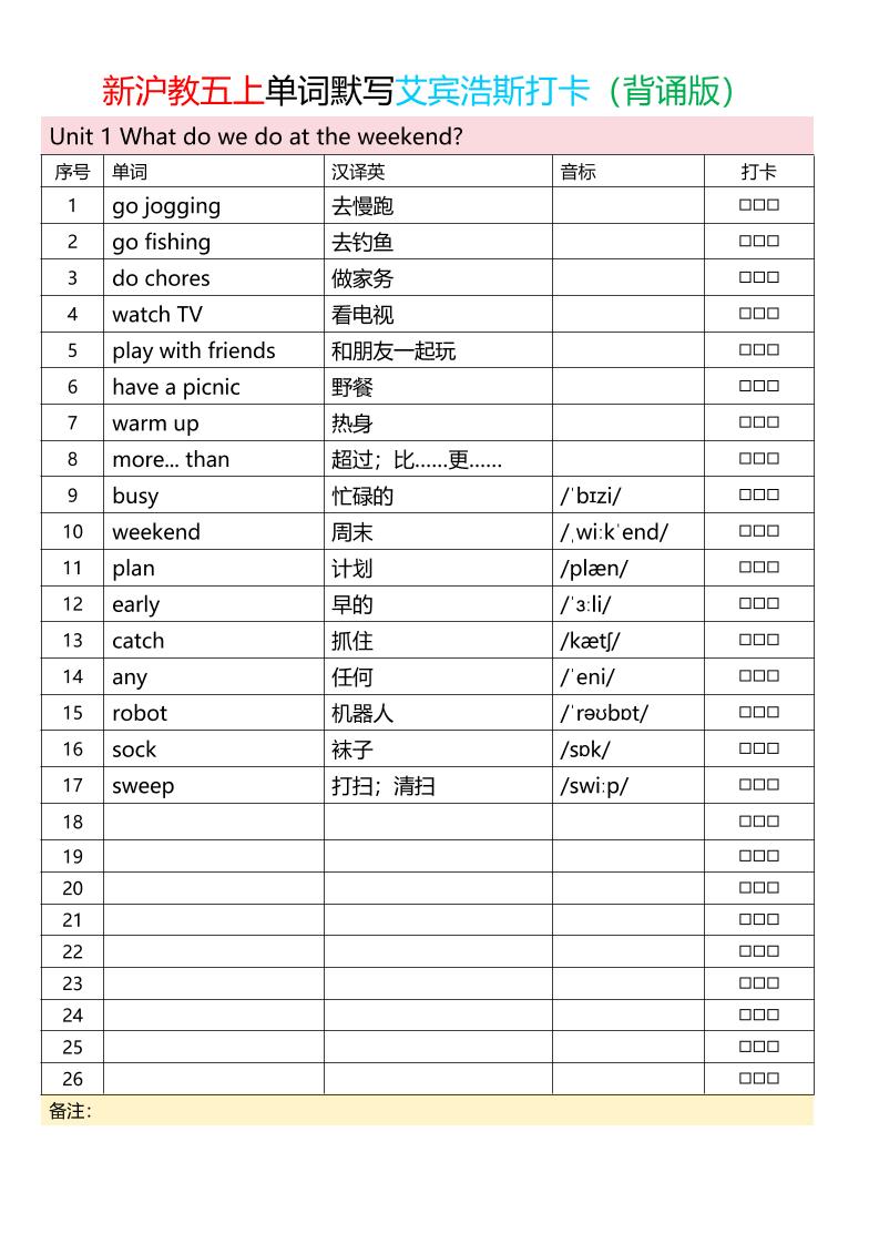 五上英语沪教版单词打卡表背诵+默写-皮皮网创