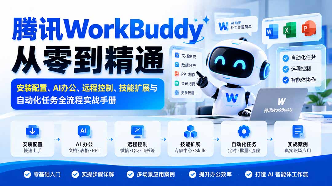 腾讯WorkBuddy从零到精通：安装配置、AI办公、远程控制、技能扩展与自动化任务全流程实战手册-皮皮网创