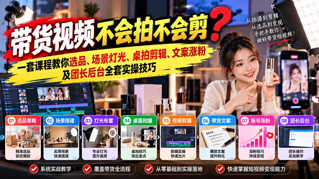 带货视频不会拍不会剪？一套课程教你选品、场景灯光、桌拍剪辑、文案涨粉及团长后台全套实操技巧  复制标题-皮皮网创