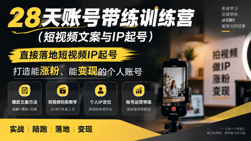 28天账号带练训练营(短视频文案与IP起号),直接落地短视频IP起号,打造能涨粉、能变现的个人账号-皮皮网创