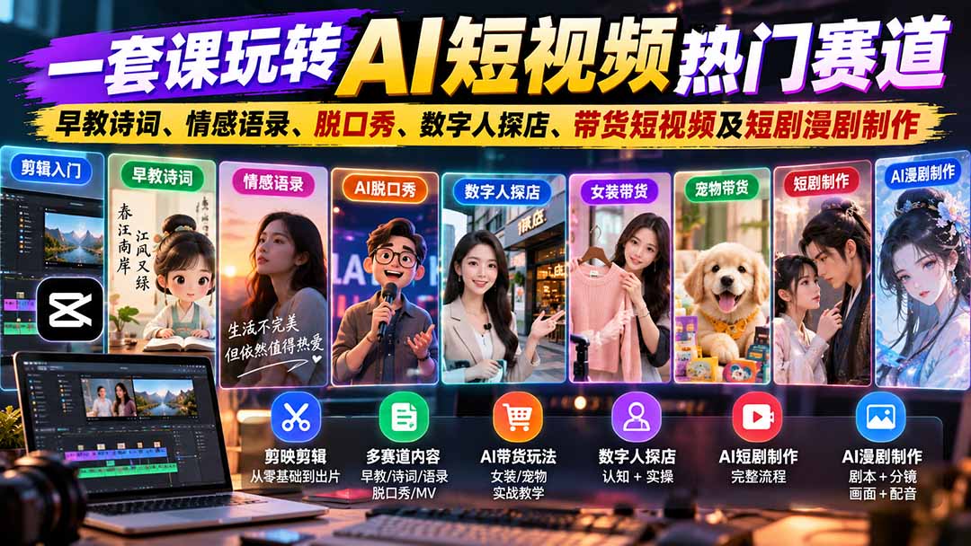 一套课玩转AI短视频热门赛道:早教诗词、情感语录、脱口秀、数字人探店、带货短视频及短剧漫剧制作 复制标题-皮皮网创