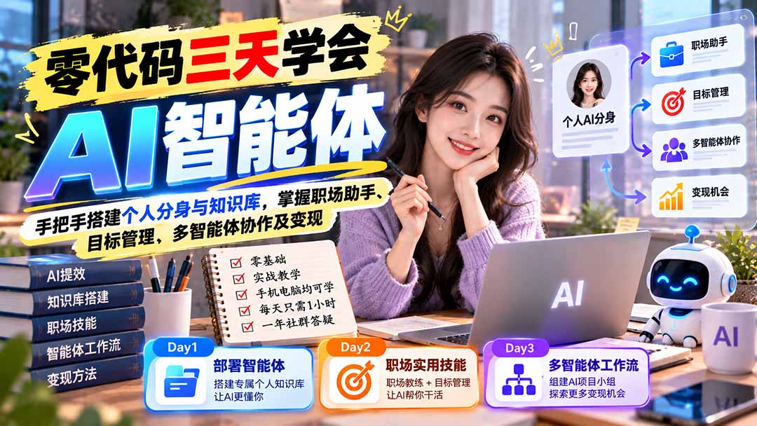 【无水印】零代码三天学会AI智能体：手把手搭建个人分身与知识库，掌握职场助手、目标管理、多智能体协作及变现-皮皮网创