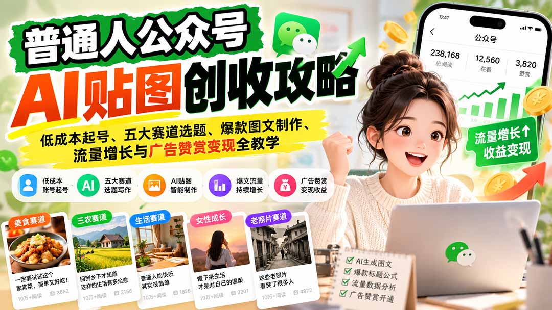普通人公众号AI贴图创收攻略：低成本起号、五大赛道选题、爆款图文制作、流量增长与广告赞赏变现全教学-皮皮网创