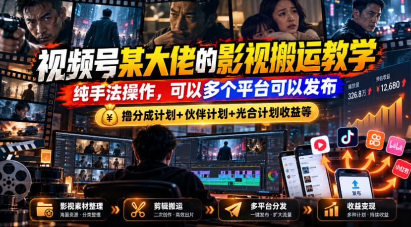 视频号某大佬的影视搬运教学，纯手法操作，可以多个平台可以发布，撸分成计划+伙伴计划+光合计划收益等-皮皮网创