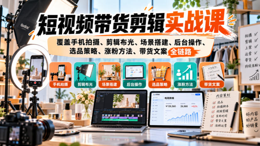 短视频带货剪辑实战课，覆盖手机拍摄、剪辑布光、场景搭建、后台操作、选品策略、涨粉方法、带货文案全链路-皮皮网创