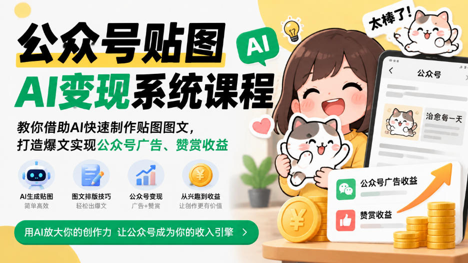 公众号贴图AI变现系统课程|教你借助AI快速制作贴图图文,打造爆文实现公众号广告、赞赏收益