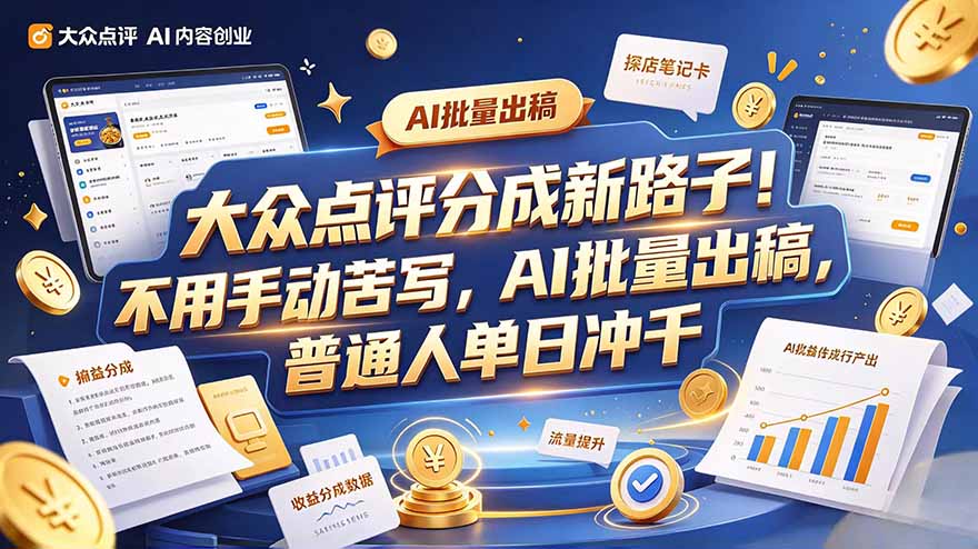 大众点评副业新玩法，工具提效解放双手，批量做笔记，单日可破千-皮皮网创