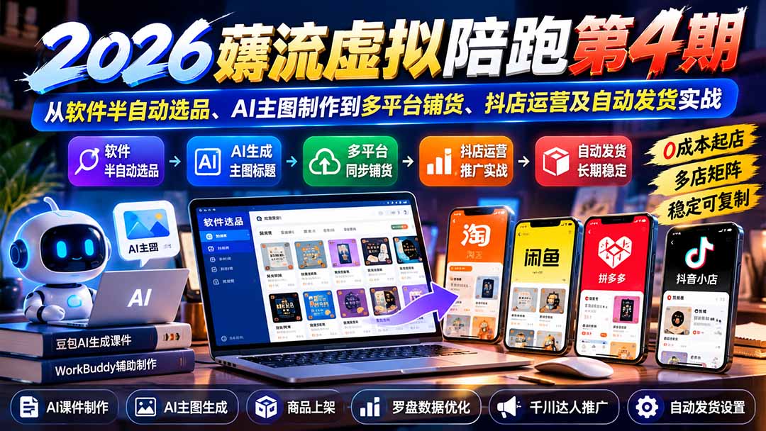 2026薅流虚拟陪跑第4期:从软件半自动选品、AI主图制作到多平台铺货、抖店运营及自动发货实战-皮皮网创