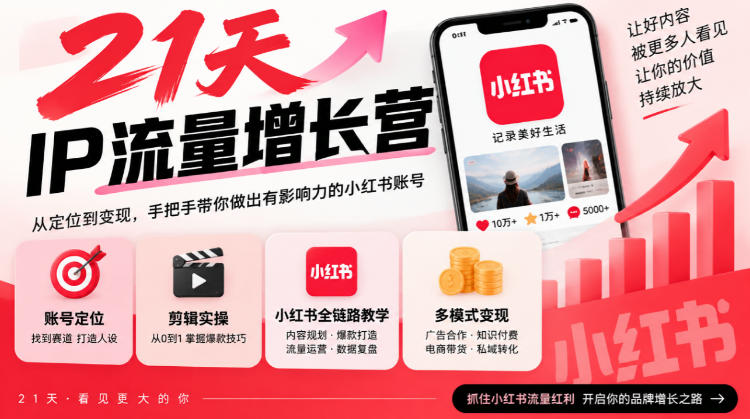 21天IP流量增长营,小红书全链路教学,账号定位剪辑实操,多模式变现系统课-皮皮网创