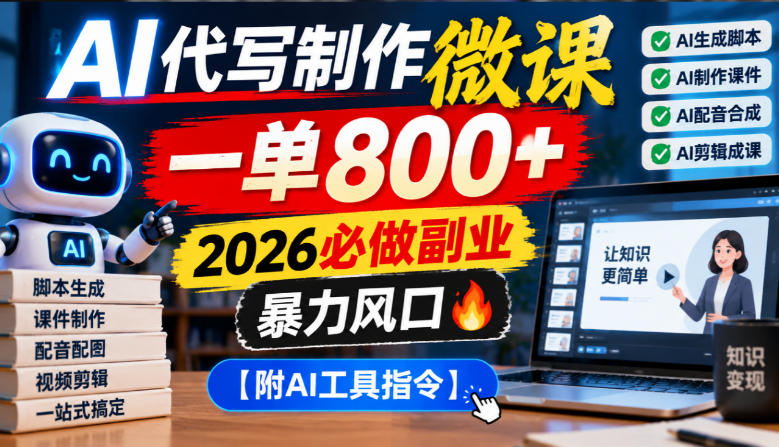 AI代写制作微课,一单800+,2026必做副业,暴力风口【附AI工具指令】【揭秘】-皮皮网创